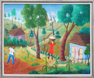 Warm-Toned Modern Abstract Haitian Farm Plantation Landscape with Figures 20th Century