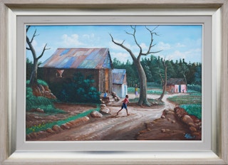 Modern Green & Brown Rural Village Landscape Painting with Playing Children Late 20th Century