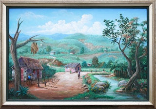 Modern Realist Green & Brown Toned Rural Village Landscape Painting w/ Figures Late 20th Century