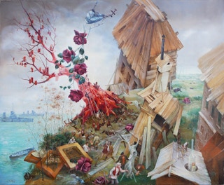 Red, Blue, and Brown Abstract Surrealistic Landscape Painting 21st Century