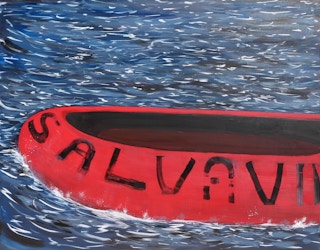 "Salvavida" Blue, Red, and White Contemporary Seascape Painting with Texts 2023