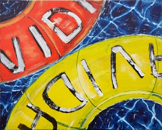 "Dos Vidas" Blue, Red, and Yellow Contemporary Painting with Texts 2023