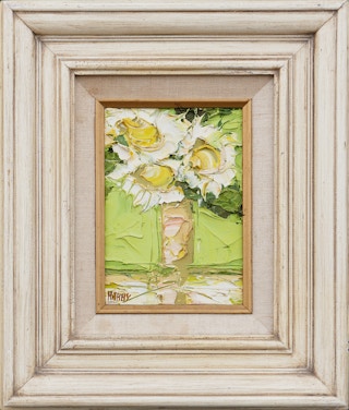 Modern Abstract Green, Yellow, and White Flowers Still Life Painting 1972