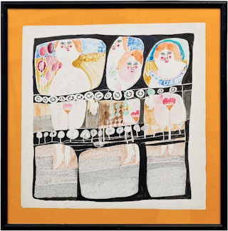 "Female Nudes" Pink, Blue, Yellow, and Black Abstract Modern Figurative Drawing 20th Century