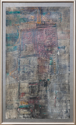 "Masked Figure" Blue and Gray Toned Abstract Expressionist Textured Painting 1961