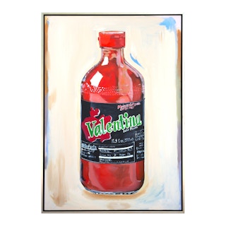 Contemporary Realist Red Toned Still Life Painting of Valentina Hot Sauce Bottle 2023