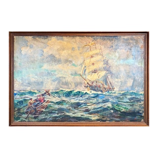 Early Naturalistic Nautical Painting of a Whaling Ship and Crew at Sea 1945