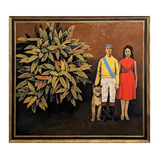 "Jockey, Wife, & Lion" Modern Naturalistic Figurative Portrait Oil Painting 20th Century