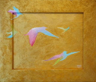 "Birds on Gold" Gold, Pink, Teal, and White Abstract Birds Painting 2021