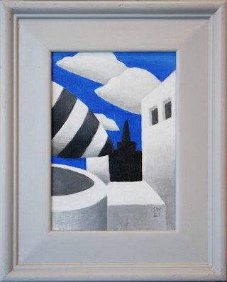 "Puffy City Night Scape" Blue, White, Gray & Black Contemporary Surreal Painting 2022