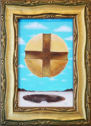 "Orb: Little Puffy Clouds" Gold, Brown and Blue Contemporary Surrealist Painting 2019