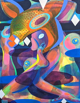 Contemporary Abstract Orange and Blue Toned Biomorphic Deer Figure Painting 2021