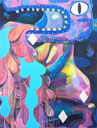 Contemporary Abstract Purple and Blue Toned Biomorphic Dragon Figure Painting 2021