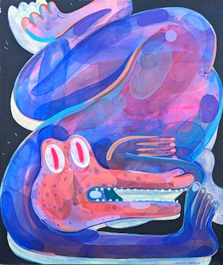 Contemporary Abstract Pink & Blue Biomorphic Contorted Alligator Figure Painting 21st Century