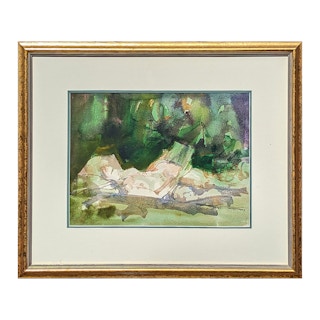 Modern Abstract Green Tone Watercolor Portrait of a Reclining Nude Woman Reading 1960s