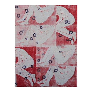 Modern Abstract Red & White Figurative Mixed Media Painting with Thread Accents Early 21st Century