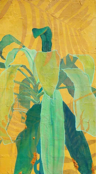 "Green Palm" Green and Yellow Abstract Contemporary Floral Still Life Painting 2021