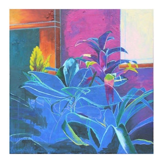 "House Plants (Blueprint)" Abstract Colorful Floral Interior Still Life Painting 2018
