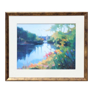 "Morning Light" Colorful Abstract River Nature Landscape Oil Painting 1994