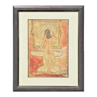 Orange Toned Modern Abstract Nude Female Bather Watercolor Painting 1983