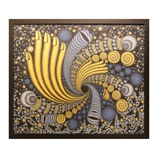 “Black Hole” Rich Gold and Purple Abstract Geometric Op Art Painting 1998