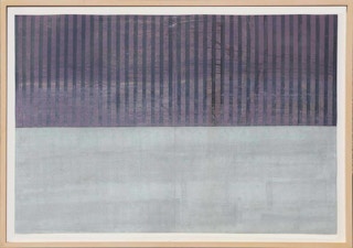 “Untitled” Modern Abstract Purple Stripe & Blue Landscape Mixed Media Painting 1991