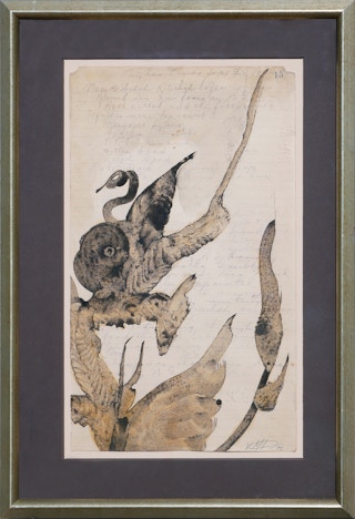 Black and White Abstract Mixed Media Drawing with Botanical Elements 2000