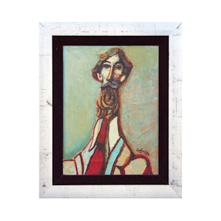 "Gentleman with Red Tie" Green and Red Toned Abstract Figurative Painting 1970s