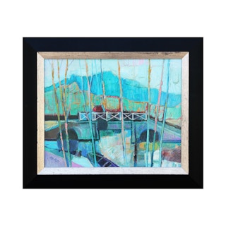 "Provence Bridge" French Blue Green Landscape Impressionist Painting 1980s