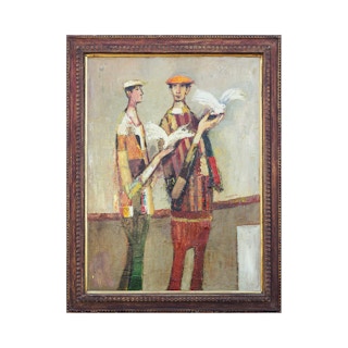 "Two Men, Two Birds" Modern Warm-Toned Abstract Figurative Portrait Painting 20th Century