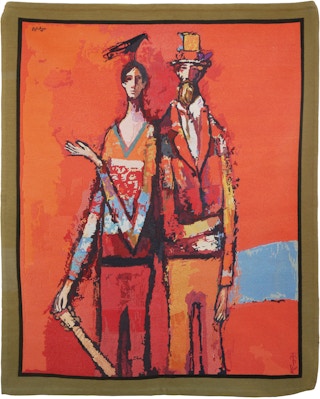 "Two Musicians" Warm Toned Abstract Figurative Tapestry of Two Men with a Bird 1970s