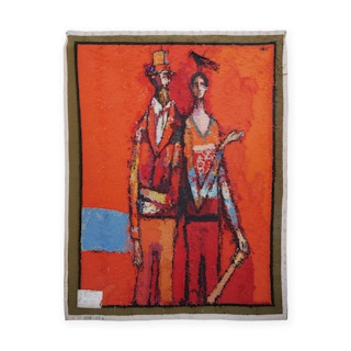 "Two Musicians" Warm Toned Abstract Figurative Tapestry of Two Men with a Bird 1970s