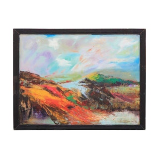 Orange and Blue Toned Abstract Impressionist Mountain & Lake Landscape Painting 2015