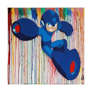 “In The Clouds” Blue Mega Man Contemporary Pop Art Painting 2014