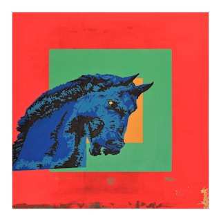 "Good Omen" Red, Green, Yellow Colorfield Contemporary Horse Pop Art Painting 21st Century