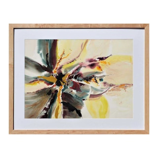 "Floral IV" Modern Abstract Yellow, Teal, and Purple Floral Still Life Painting 1981