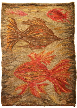"Ryby W Sieci" Orange and Red Toned Abstract Fishes Gobelin Polski Tapestry 1970s