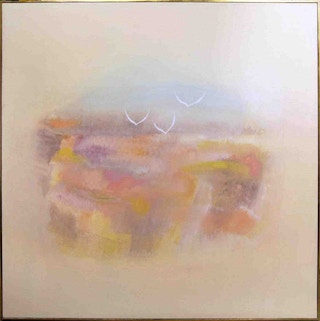 “Guusin Flight” Pink and Purple Toned Abstract Seascape with Seagulls Painting 20th Century