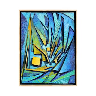 "Sailing" Blue and Yellow Abstract Geometric Sculptural Painting of Sailboats 2016