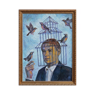 "Bird Cage" Blue Toned Contemporary Surrealist Portrait of a Man with Birds 2015
