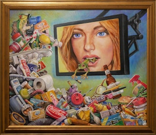 "Talking Trash" Colorful Contemporary Surrealist Social Commentary Painting 2012