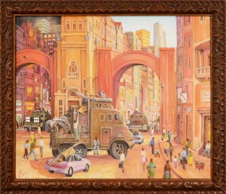 "Migration" Colorful Contemporary Surrealist City Landscape Painting 2005