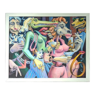 "Girls Night Out" Contemporary Surrealist Pastel Animal Nightlife Scene Painting 2014