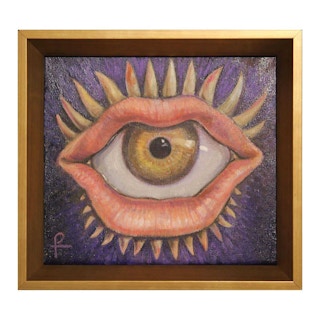 “Mark of the Gossip” Contemporary Surrealist Abstract Eyeball and Lips Painting 2014