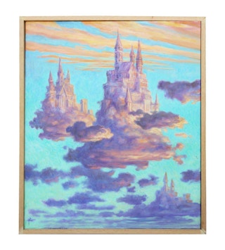 "Pastel Castle in the Sky" Soft Hued Contemporary Surrealist Landscape Painting 2017