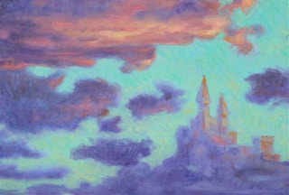 "Pastel Castle in the Sky" Soft Hued Contemporary Surrealist Landscape Painting 2017