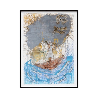 Abstract Contemporary Blue, Gray, and Yellow Abstract Seascape Sailing Painting 21st Century