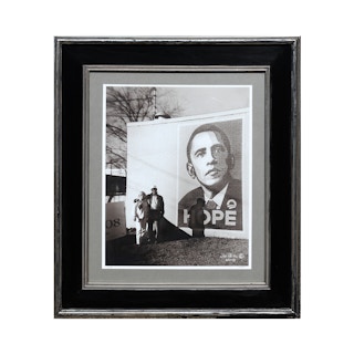 Contemporary Black and White Street Photograph of a Couple with an Obama Mural 2008