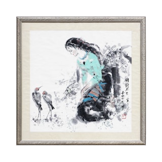 Cool Green Toned Abstract Figurative Watercolor Painting of a Woman with Birds
