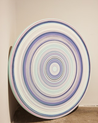 "Rain in the Sunshine" Shades of Blue and Neon Pink Op Art Circular Painting 2021